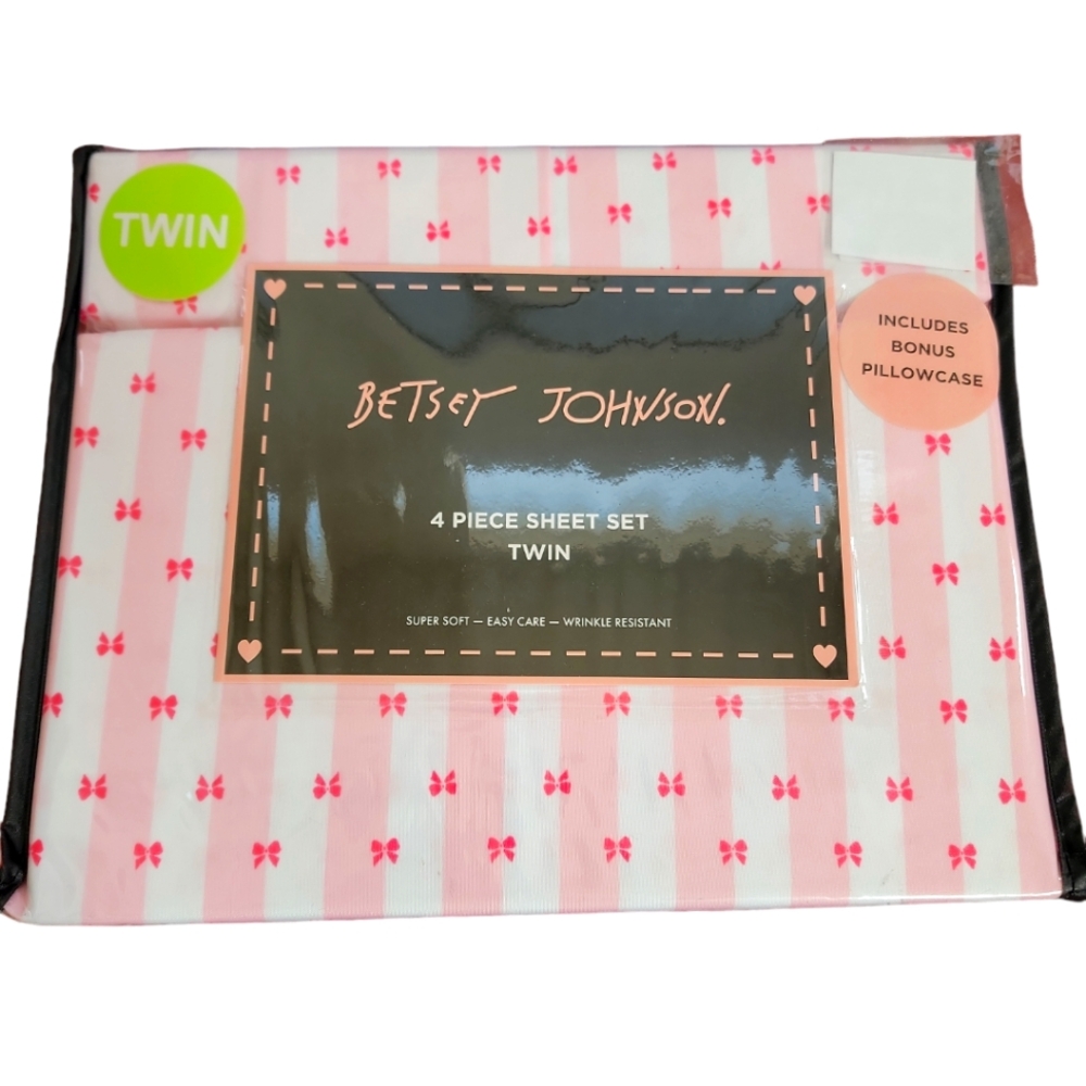 Betsey Johnson Pink Bow Stripe Microfiber 4 Piece TWIN Sheet Set